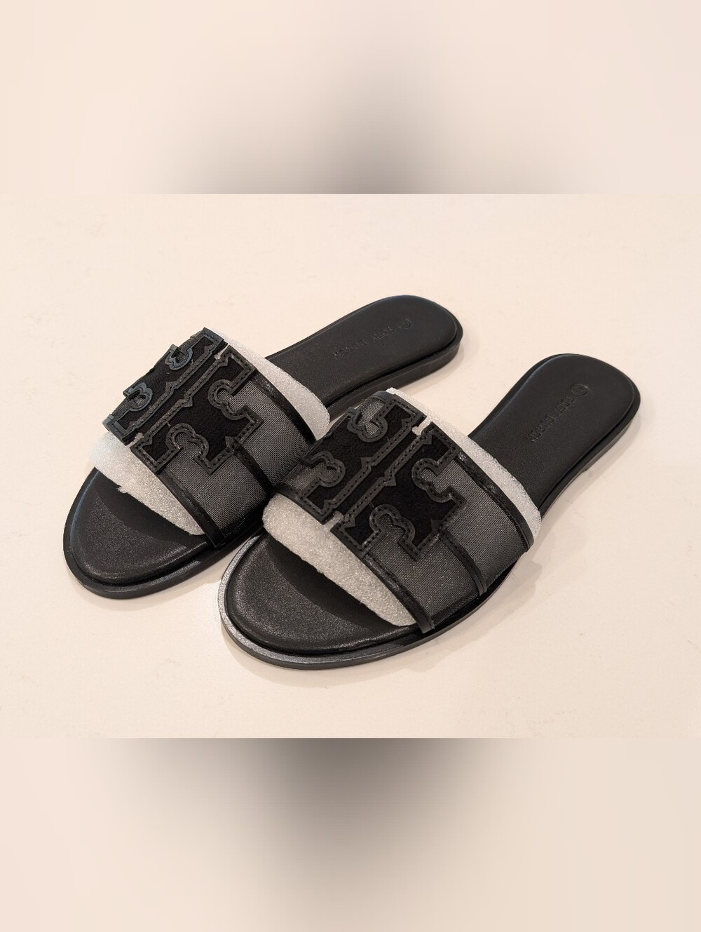 Black Mesh Logo Slide Sandals